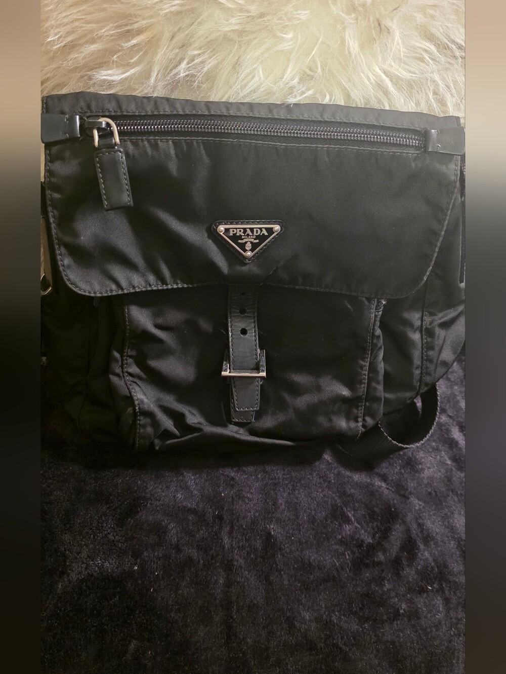 Prada Black Nylon Tessuto Messenger with Triangular Logo Plaque